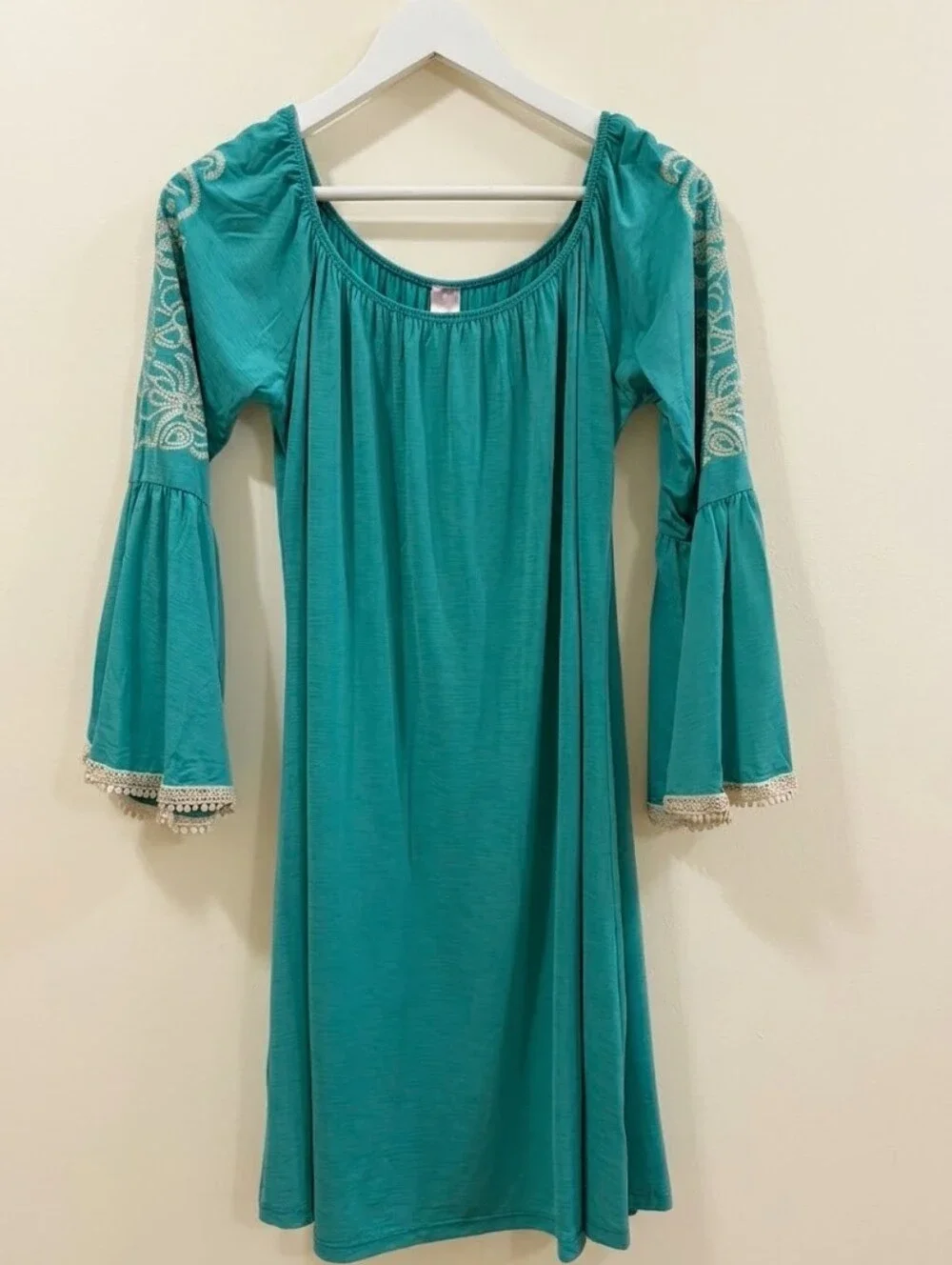 NWT Pink Coconut Teal Embroidered Bell Sleeve Boho Dress XL
